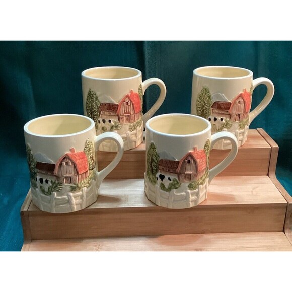 Vintage Marks & Rosenfeld Mug/Cups Set 4 Farmhouse Barn Cottage Holstein Cow - Picture 1 of 14
